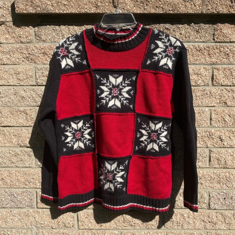 Vintage‎ 1990s Snowflake Patchwork Nordic Red Sweater Medium Heritage Cabincore